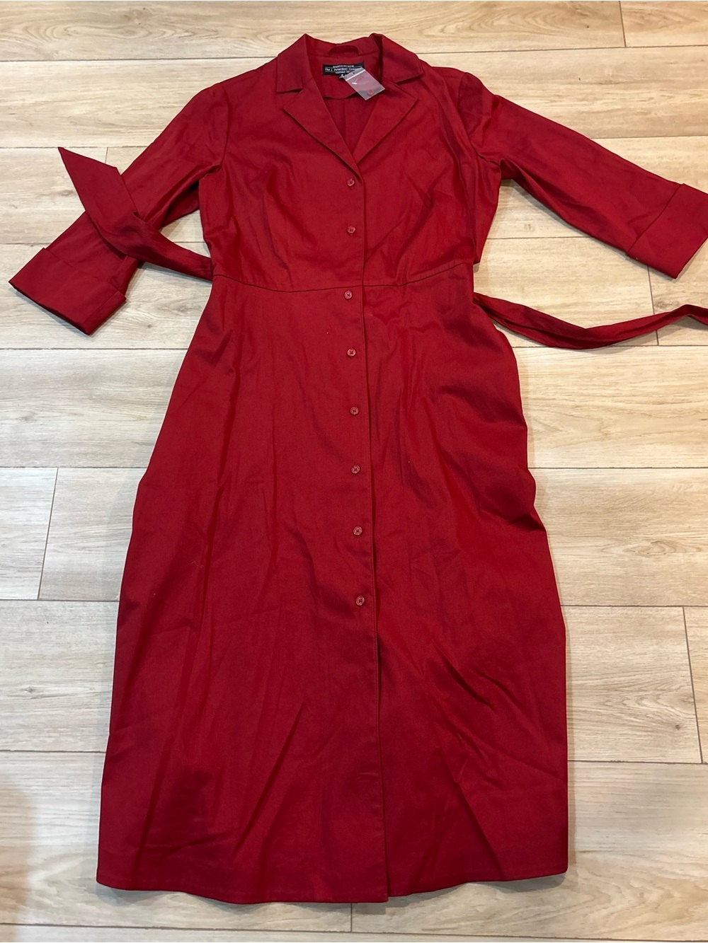 J. Peterman Shirt Dress 8 Cotton Spandex Button Belted Classic Maxi Red NWOT Vtg